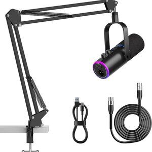 XLR/USB Gaming Mic with Adjustable Boom Arm Noise Cancellation RGB Gaming Mic